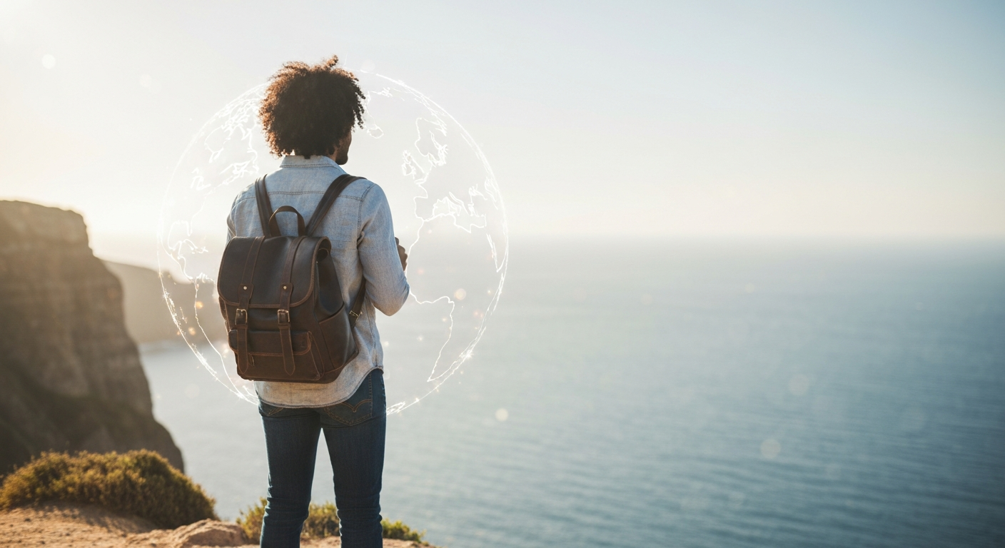 A confident traveler with a protective shield representing comprehensive 1 cover travel insurance, symbolizing peace of mind on a journey.