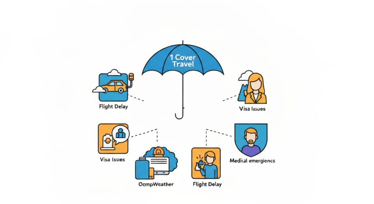 An infographic showing various travel risks like medical emergencies and lost luggage being covered by a single '1 Cover Travel' umbrella.