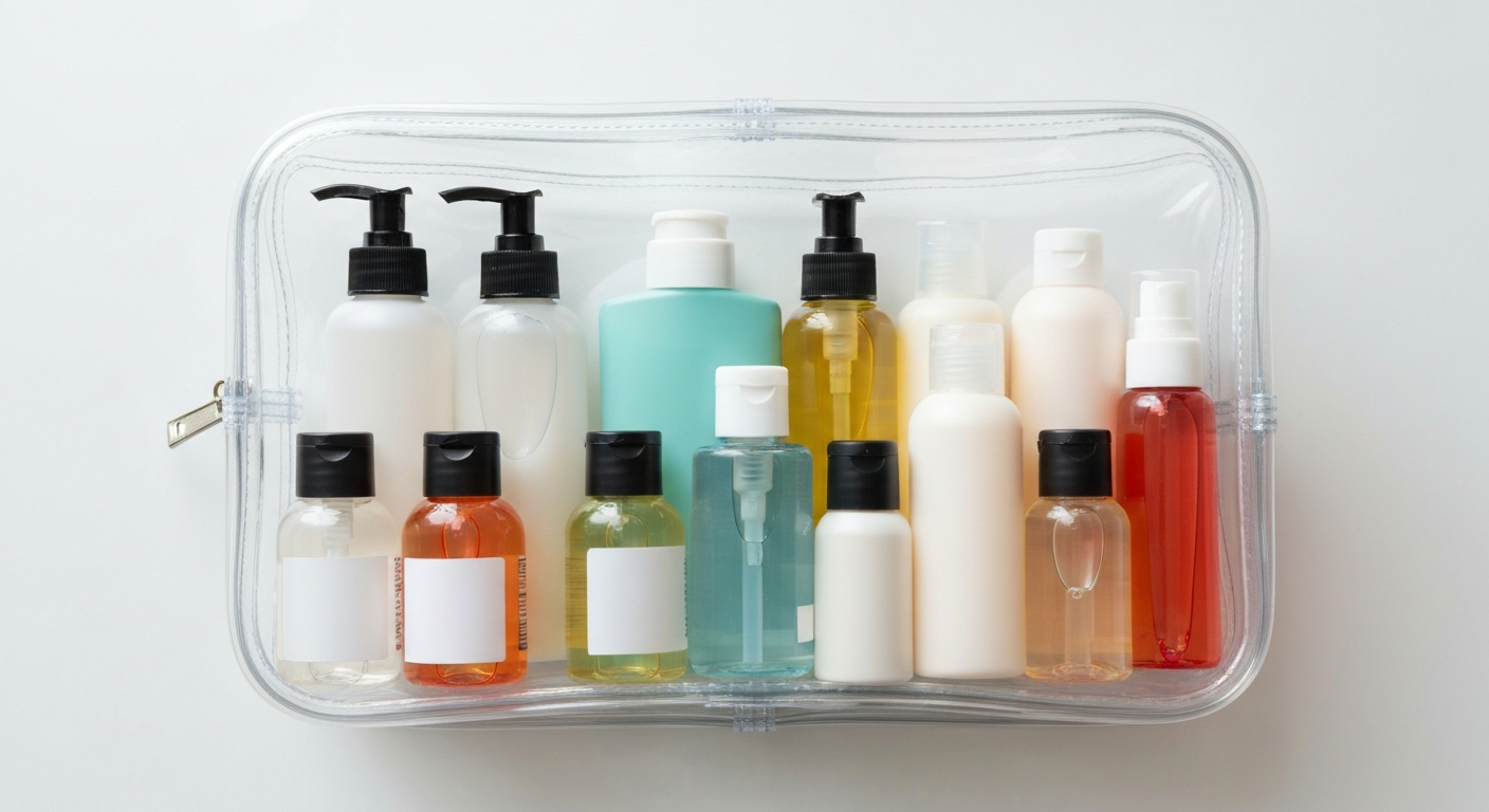 A clear toiletry bag containing neatly organized 100ml travel bottles, ready for airport security.