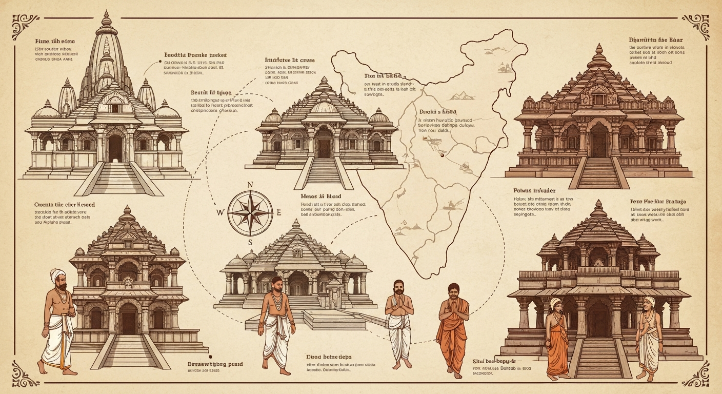 Artistic map illustrating the locations of 12 Jyotirlinga temples across India, with small figures of pilgrims, conveying a sense of spiritual journey and ancient tradition.