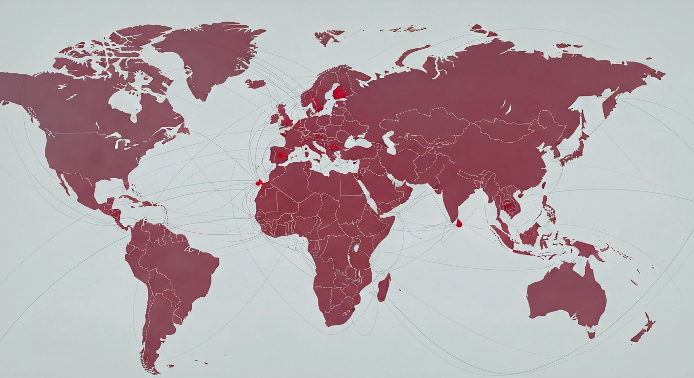 World map showing 19 countries with travel restrictions, indicating global mobility challenges. World map showing 19 countries with travel restrictions, indicating global mobility challenges.