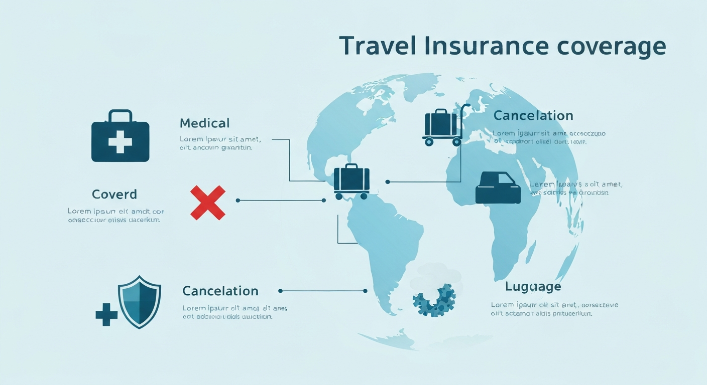 An infographic visually explaining various travel insurance coverage types like medical, trip cancellation, and lost luggage benefits.