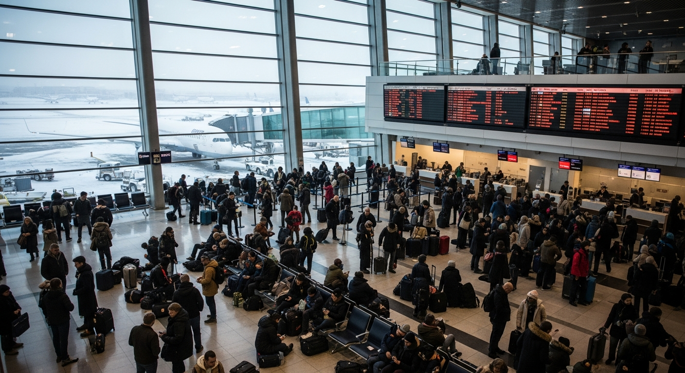 A snow-covered airport terminal with many grounded planes, showing the chaotic aftermath of a severe winter storm and widespread flight cancellations. A snow-covered airport terminal with many grounded planes, showing the chaotic aftermath of a severe winter storm and widespread flight cancellations.