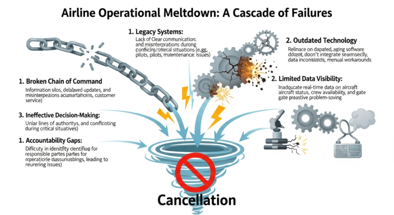 An infographic depicting the systemic failures of an airline during a crisis, with visuals of broken communication, outdated technology, and a collapsing flight network.