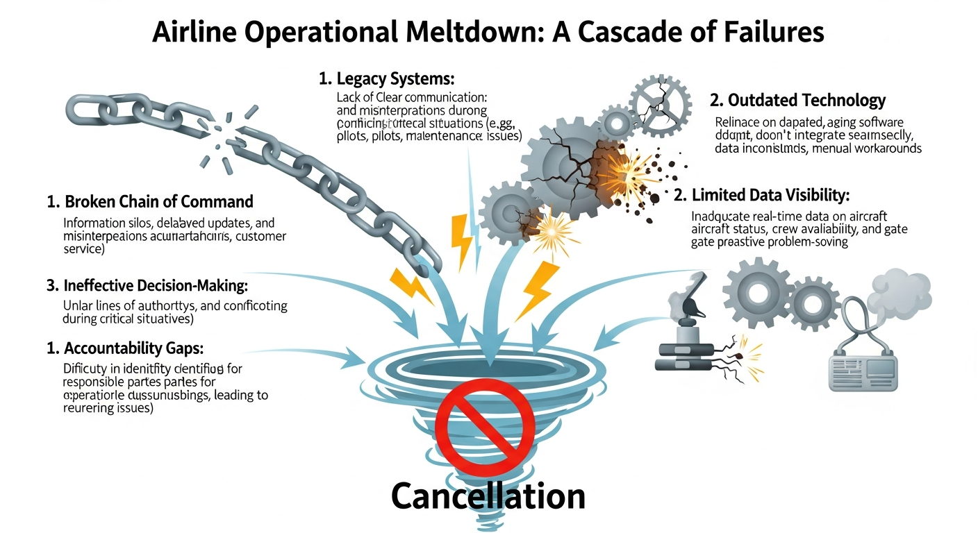 An infographic depicting the systemic failures of an airline during a crisis, with visuals of broken communication, outdated technology, and a collapsing flight network. An infographic depicting the systemic failures of an airline during a crisis, with visuals of broken communication, outdated technology, and a collapsing flight network.