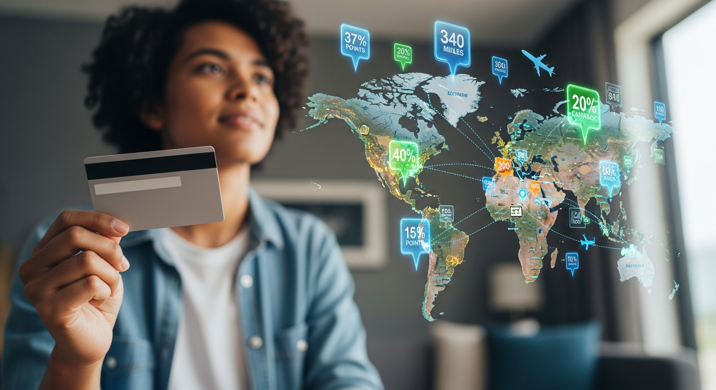 A hand holding a modern travel credit card, pointing towards a glowing world map with various travel icons, symbolizing global reach and reward accumulation for future trips.