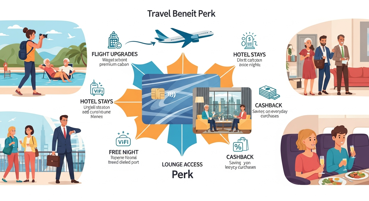 An infographic showcasing various travel credit card benefits such as airport lounge access, free hotel nights, flight discounts, and travel insurance, with diverse travelers enjoying their journeys.
