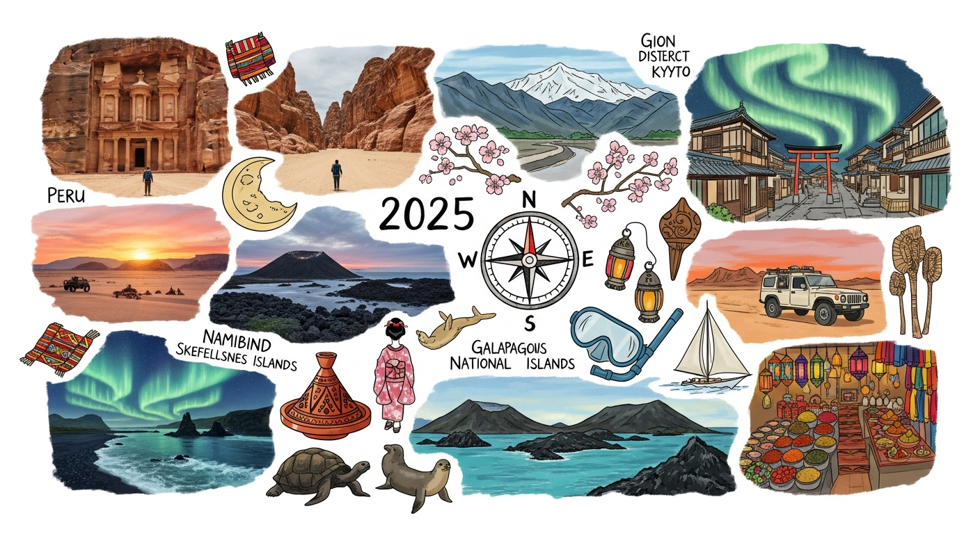 Global travel destinations collage for 2025 showcasing diverse cultures and landscapes.