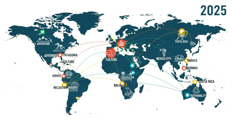 Stylized world map illustrating 2025 top travel routes and experiential icons.
