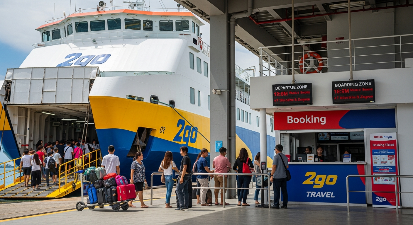 Passengers boarding a modern 2go Travel ferry at a busy port, illustrating an efficient booking and boarding experience.