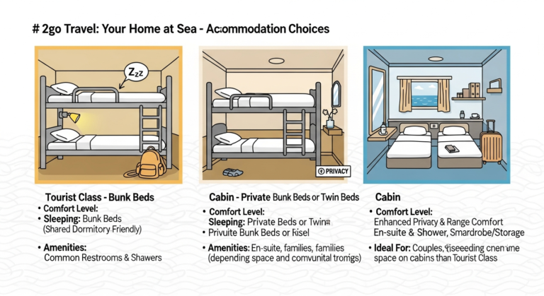 Infographic detailing various 2go Travel accommodation types, including Super Value, Tourist Class, Cabin, and Suite, showcasing passenger comfort options.