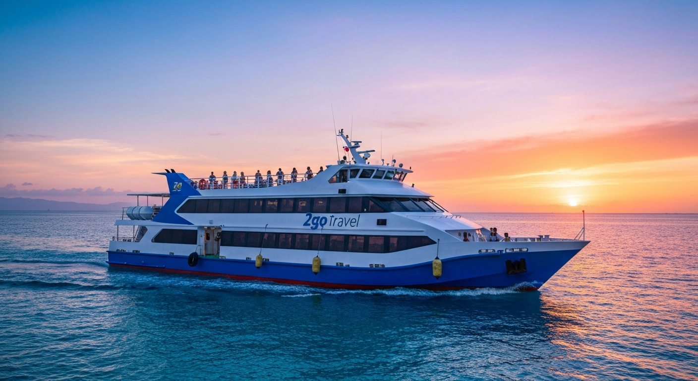A 2go Travel ferry cruising through the Philippine seas at sunset, with passengers visible on its open deck. A 2go Travel ferry cruising through the Philippine seas at sunset, with passengers visible on its open deck.