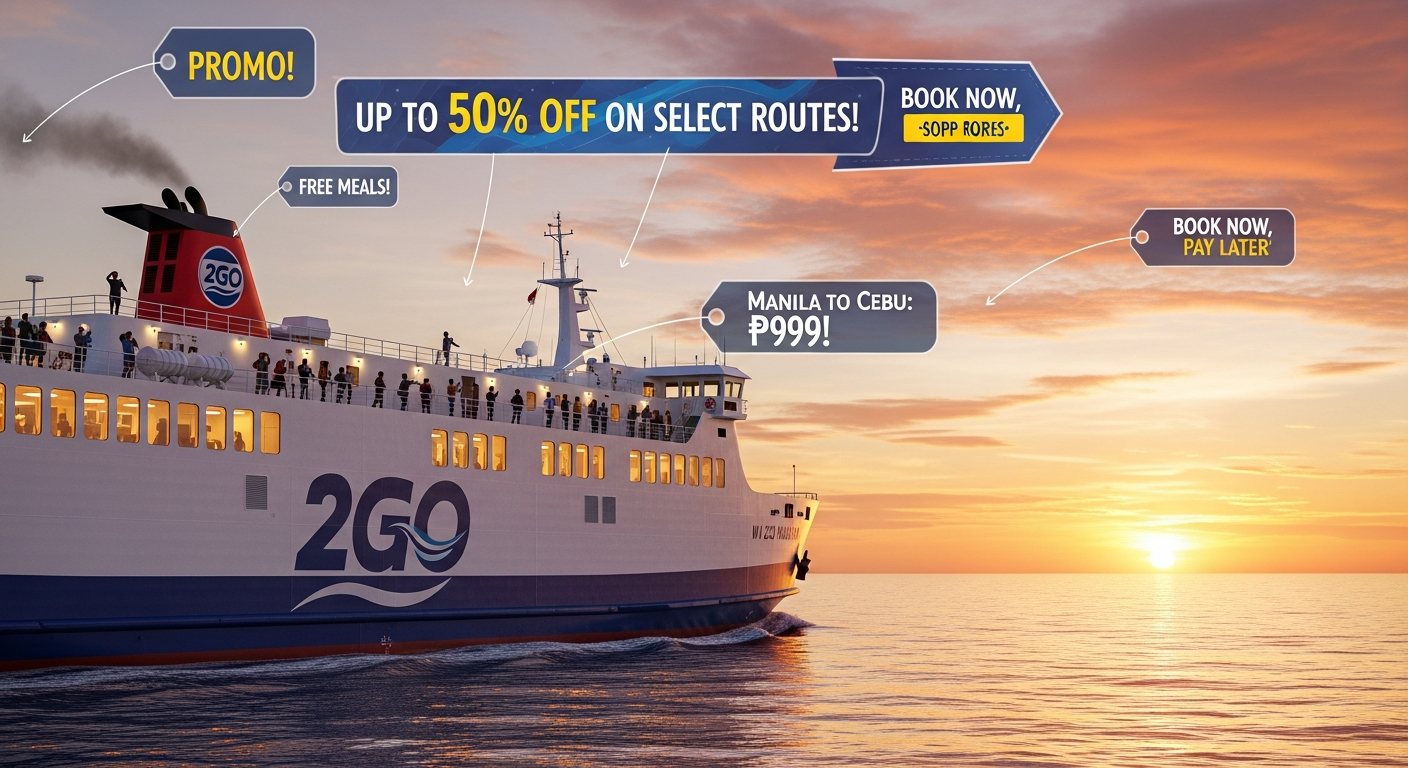 2GO Travel ferry at sunset with promo ticket price overlays, symbolizing affordable sea travel adventures.