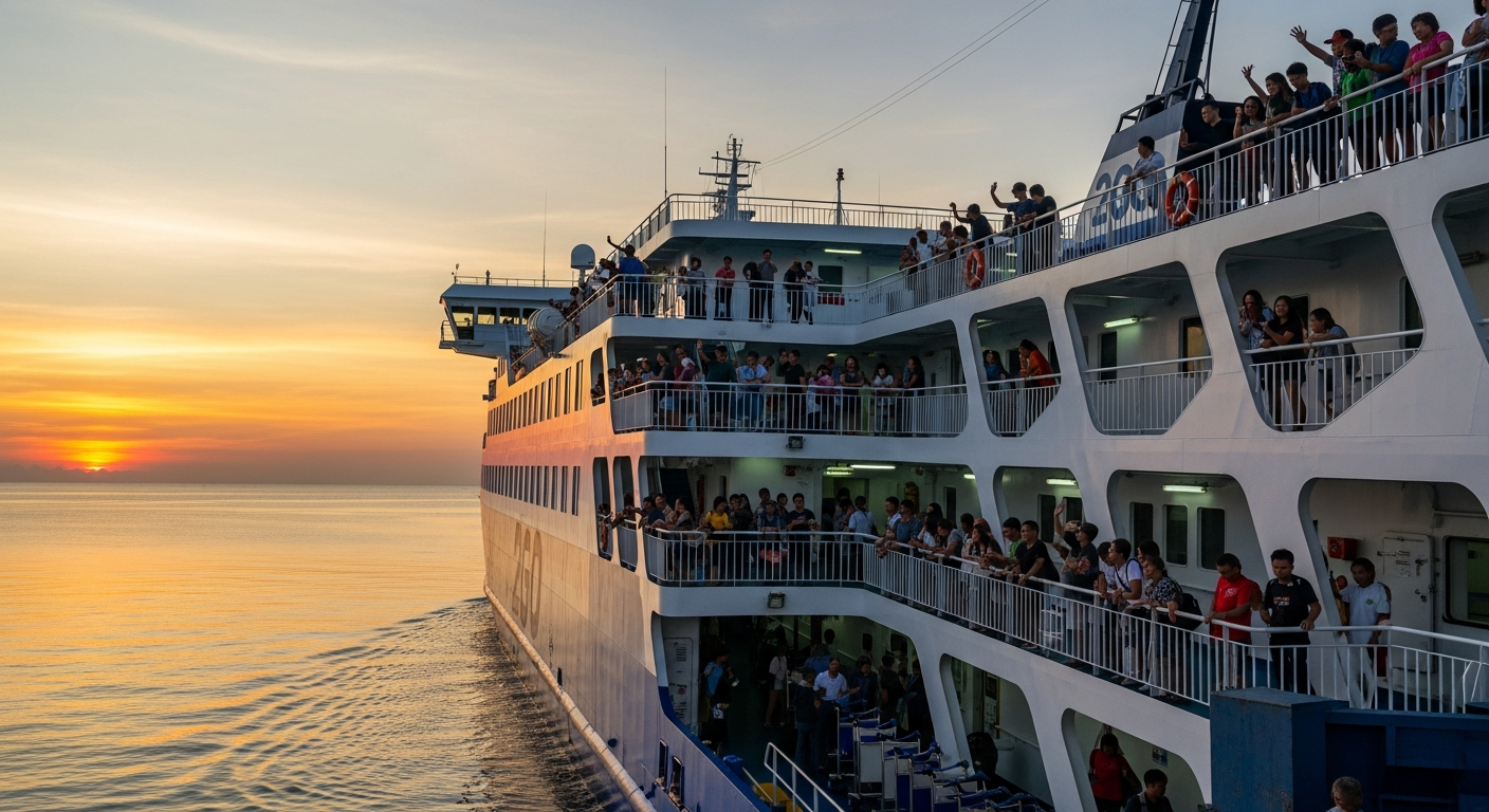 2GO ferry leaving a Philippine port at dawn, passengers on deck 2GO ferry leaving a Philippine port at dawn, passengers on deck
