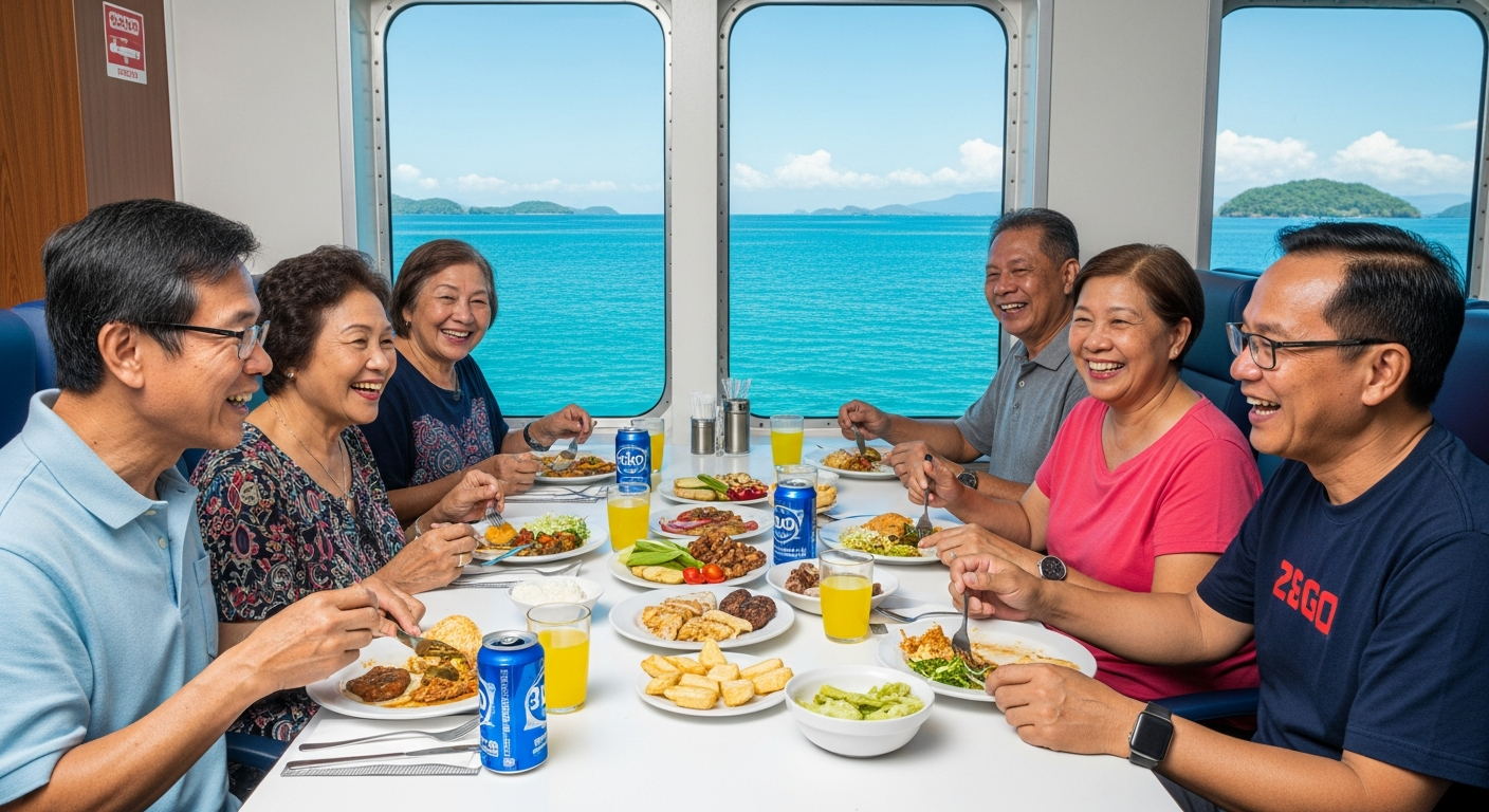 Family relaxing and dining inside a comfortable 2GO ferry cabin with sea view Family relaxing and dining inside a comfortable 2GO ferry cabin with sea view