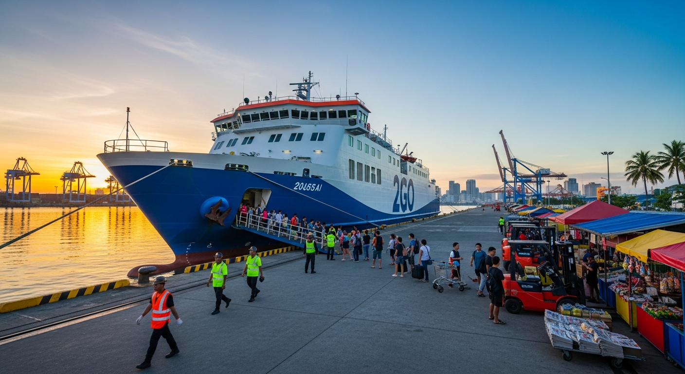 A large 2go ferry at a busy port, with passengers walking towards the ship under a beautiful sunrise sky, symbolizing the start of a journey.