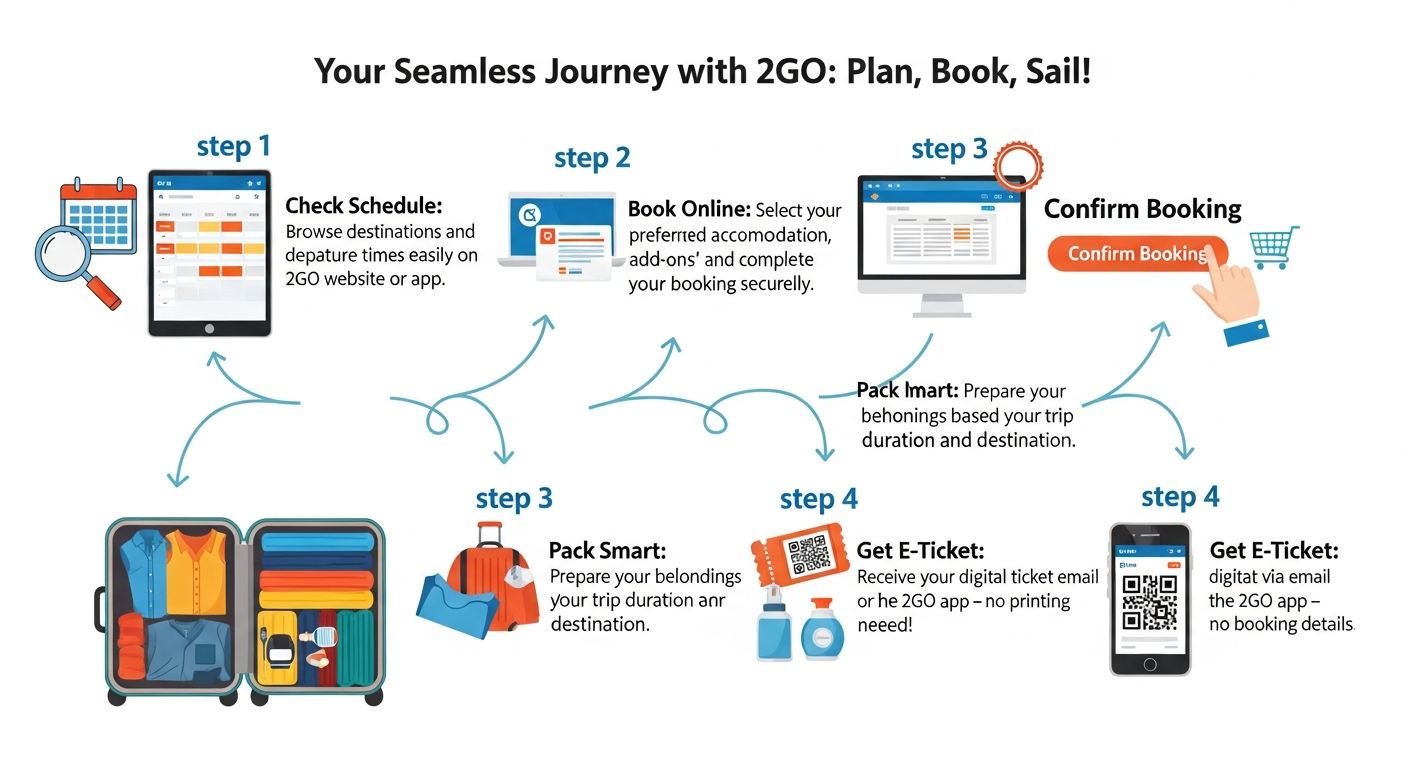 A visual guide illustrating the steps to plan a 2go trip, including icons for checking schedules, online booking, baggage preparation, and port arrival.