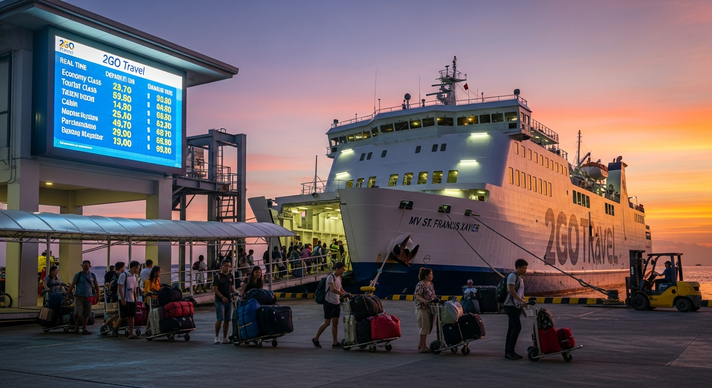 2GO Travel ferry at port during sunset with digital ticket price display, bustling with passengers boarding. 2GO Travel ferry at port during sunset with digital ticket price display, bustling with passengers boarding.