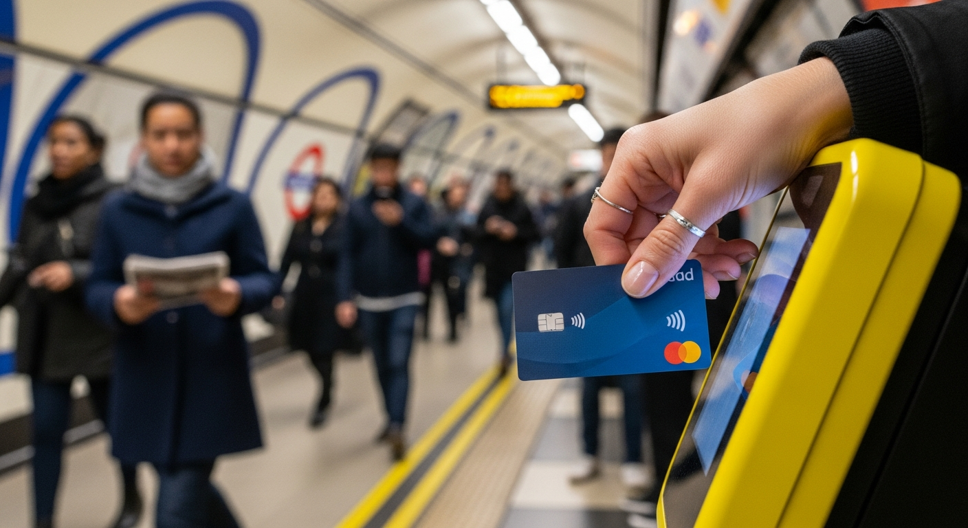 Person tapping a contactless card on a London Underground reader, symbolizing easy payment for travel.