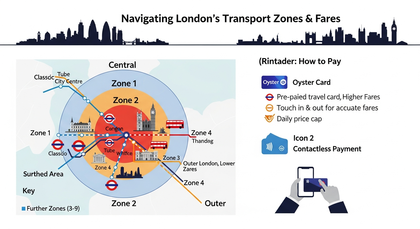 Infographic showing London transport zones, highlighting Oyster card and contactless payment for efficient travel planning.