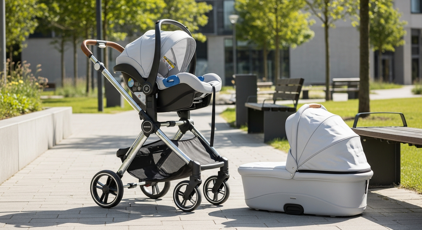 A complete 3-in-1 travel system featuring an infant car seat, stroller, and bassinet, used by a family in a park setting.