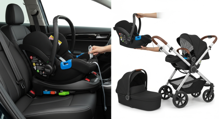 A comprehensive image showing an infant car seat securely attached to an ISOFIX base in a car, with clear safety indicators. The car seat is then shown detached and clicking onto a modern stroller frame, illustrating the seamless transition of a 3 in 1 travel system.