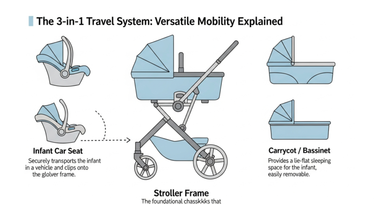 An infographic showing the modular components of a 3-in-1 travel system: car seat, stroller, and bassinet with connecting arrows.