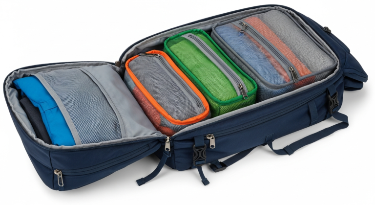 Interior of a 30L backpack organized with colorful packing cubes