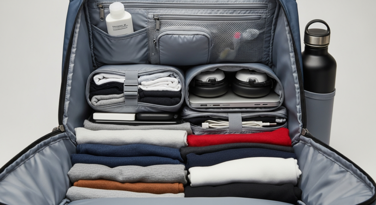 An organized traveler demonstrates efficient packing in a 35L backpack using packing cubes and rolled clothing.