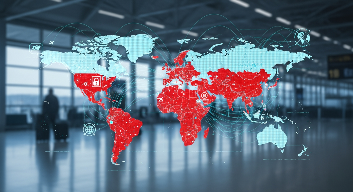 World map showing countries with travel restrictions, overlaid with digital data and security icons, representing global travel bans. World map showing countries with travel restrictions, overlaid with digital data and security icons, representing global travel bans.