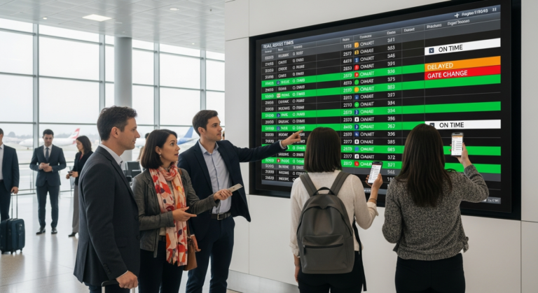 Travelers in an airport checking digital screens and smartphones for flight and travel ban updates, highlighting the importance of current information.