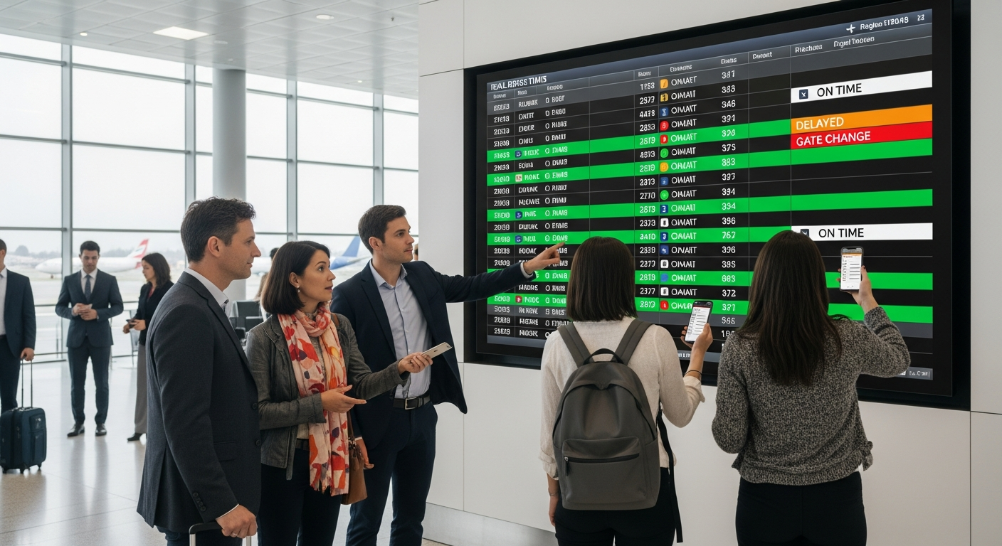Travelers in an airport checking digital screens and smartphones for flight and travel ban updates, highlighting the importance of current information. Travelers in an airport checking digital screens and smartphones for flight and travel ban updates, highlighting the importance of current information.