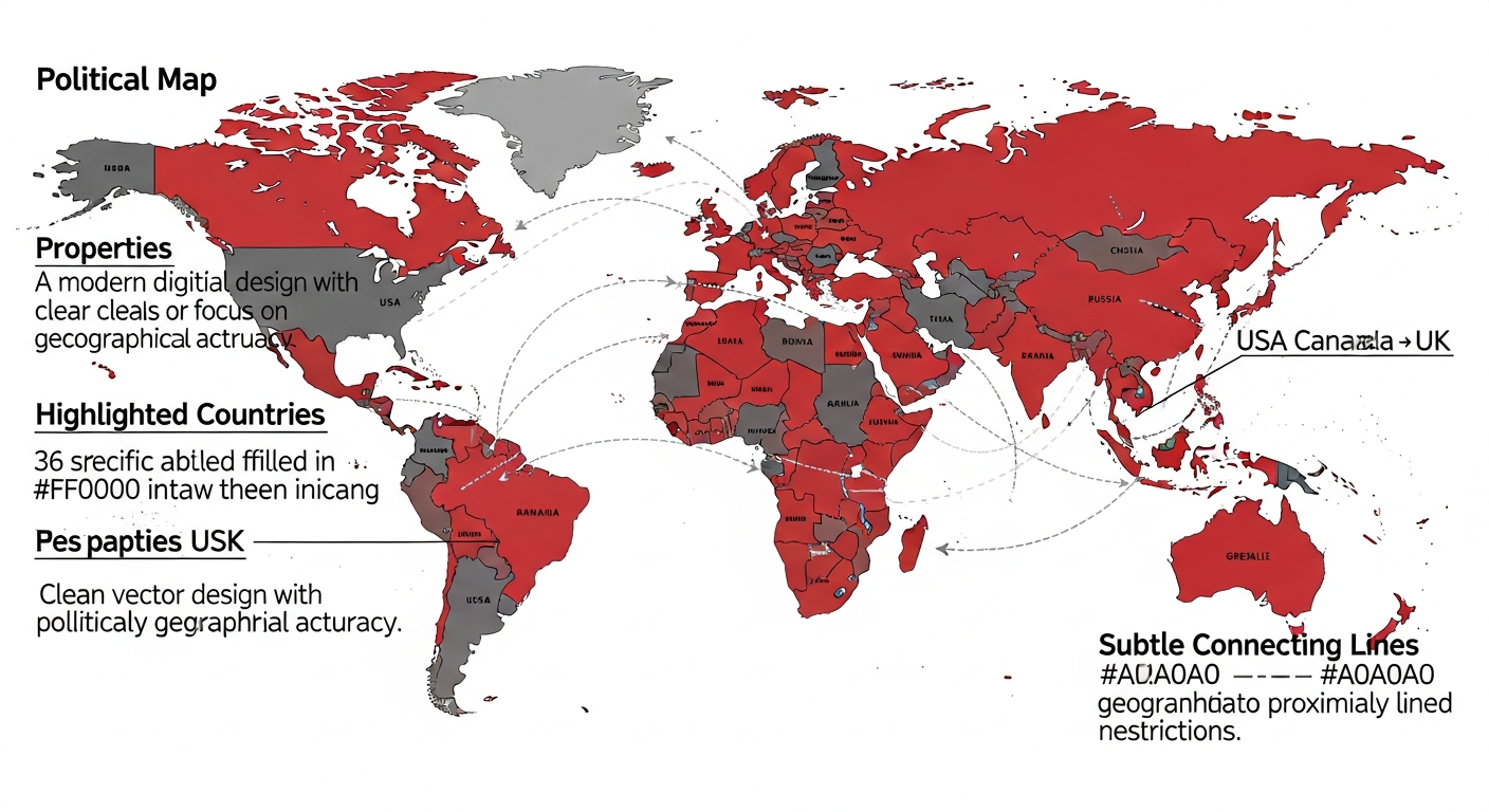 Digital world map highlighting 36 countries with travel restrictions, overlaying a subtle airport background. Digital world map highlighting 36 countries with travel restrictions, overlaying a subtle airport background.