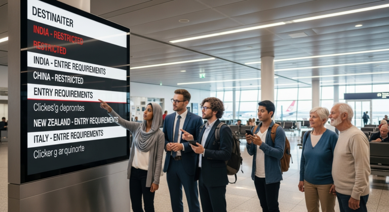 Travelers at a modern airport terminal viewing a digital screen displaying travel restrictions for various countries.