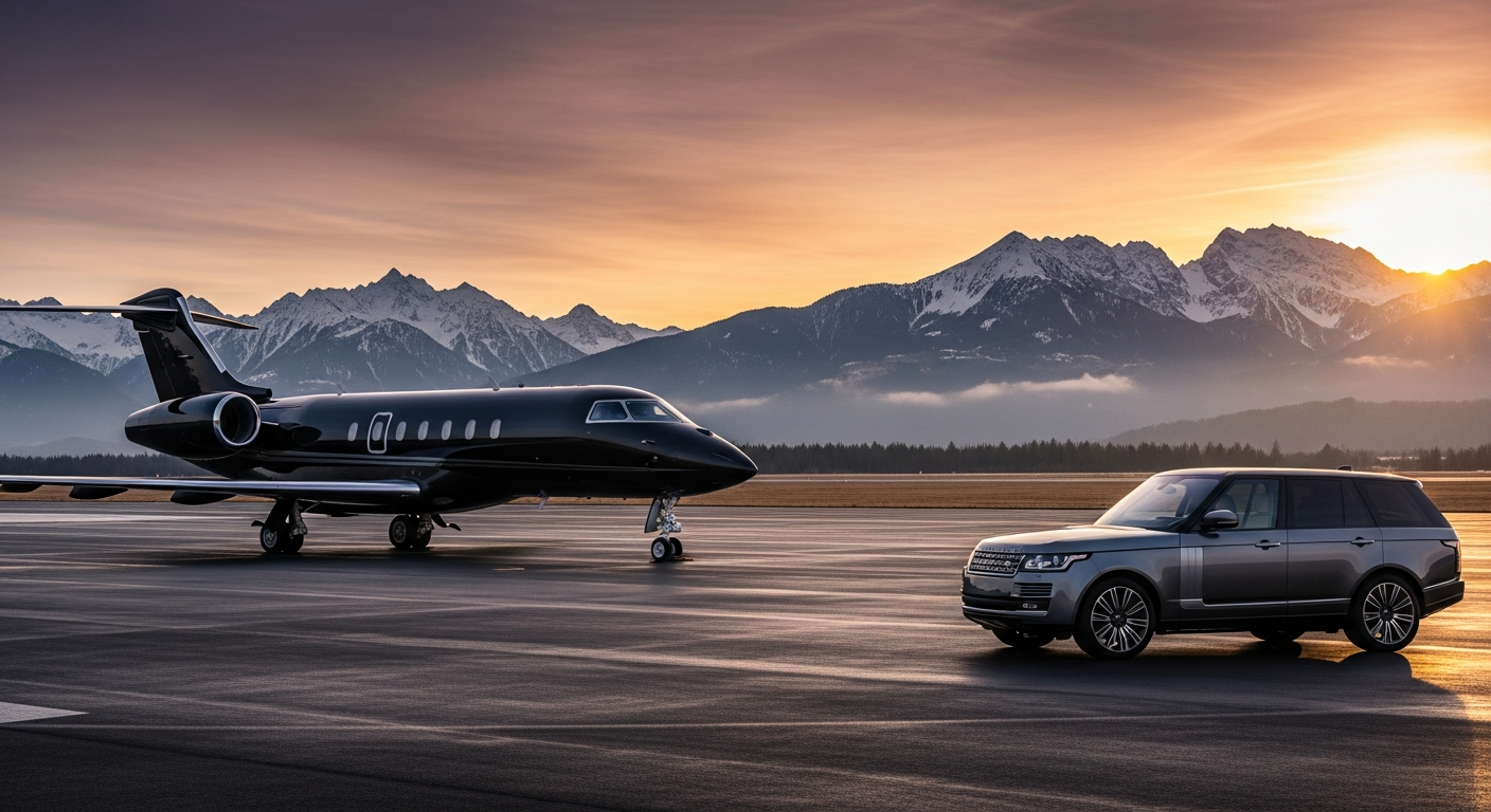 Private jet and luxury car on a secluded runway, ready for a 360 private travel adventure to an exotic destination.