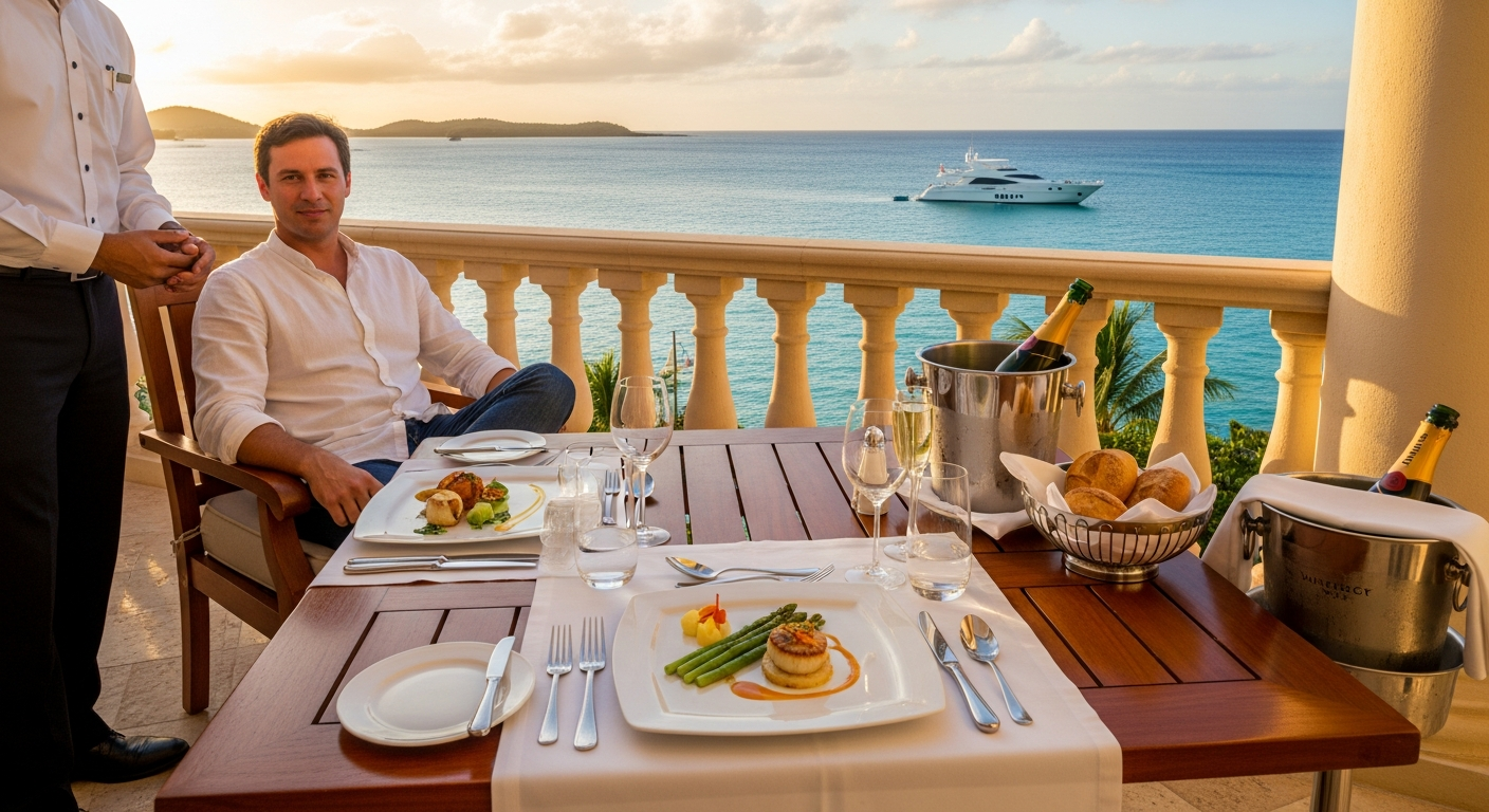 Individual enjoying fine dining on a private villa terrace with an ocean view and a private yacht, symbolizing exclusive 360 private travel experiences.