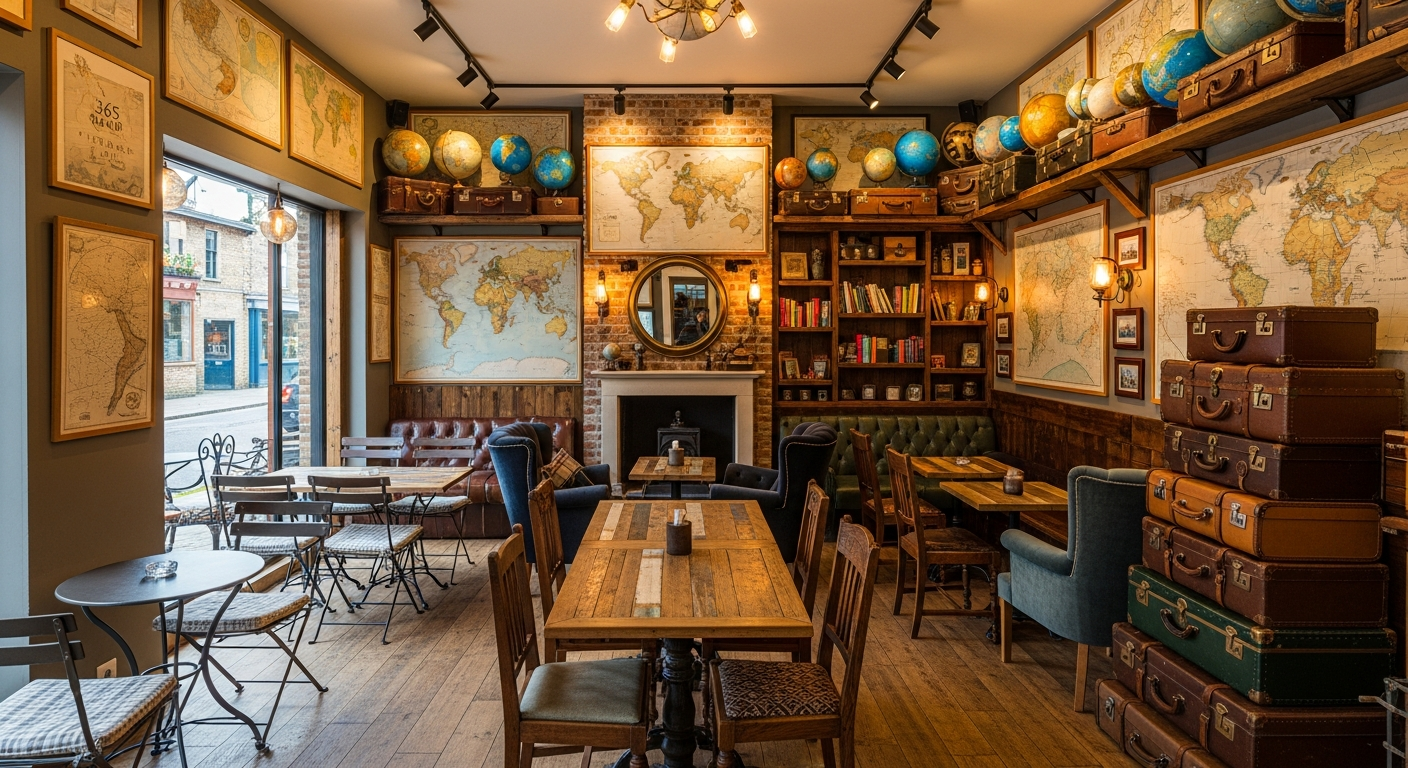 Interior view of 365 The Travel Cafe showcasing travel-themed decor, including world maps, vintage suitcases, and cozy seating, creating an inviting global atmosphere.