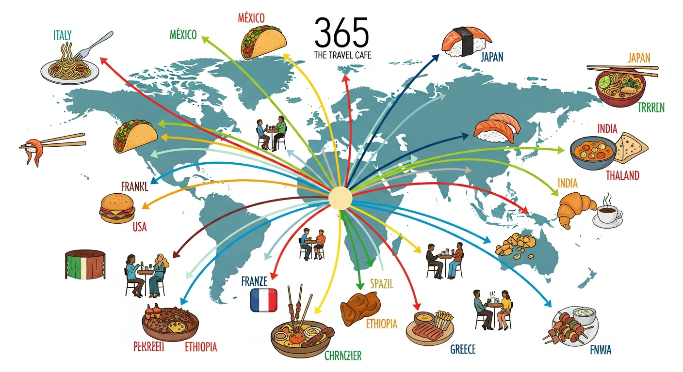 Infographic depicting the global menu diversity of 365 The Travel Cafe, with a world map highlighting various international food icons and people enjoying meals.