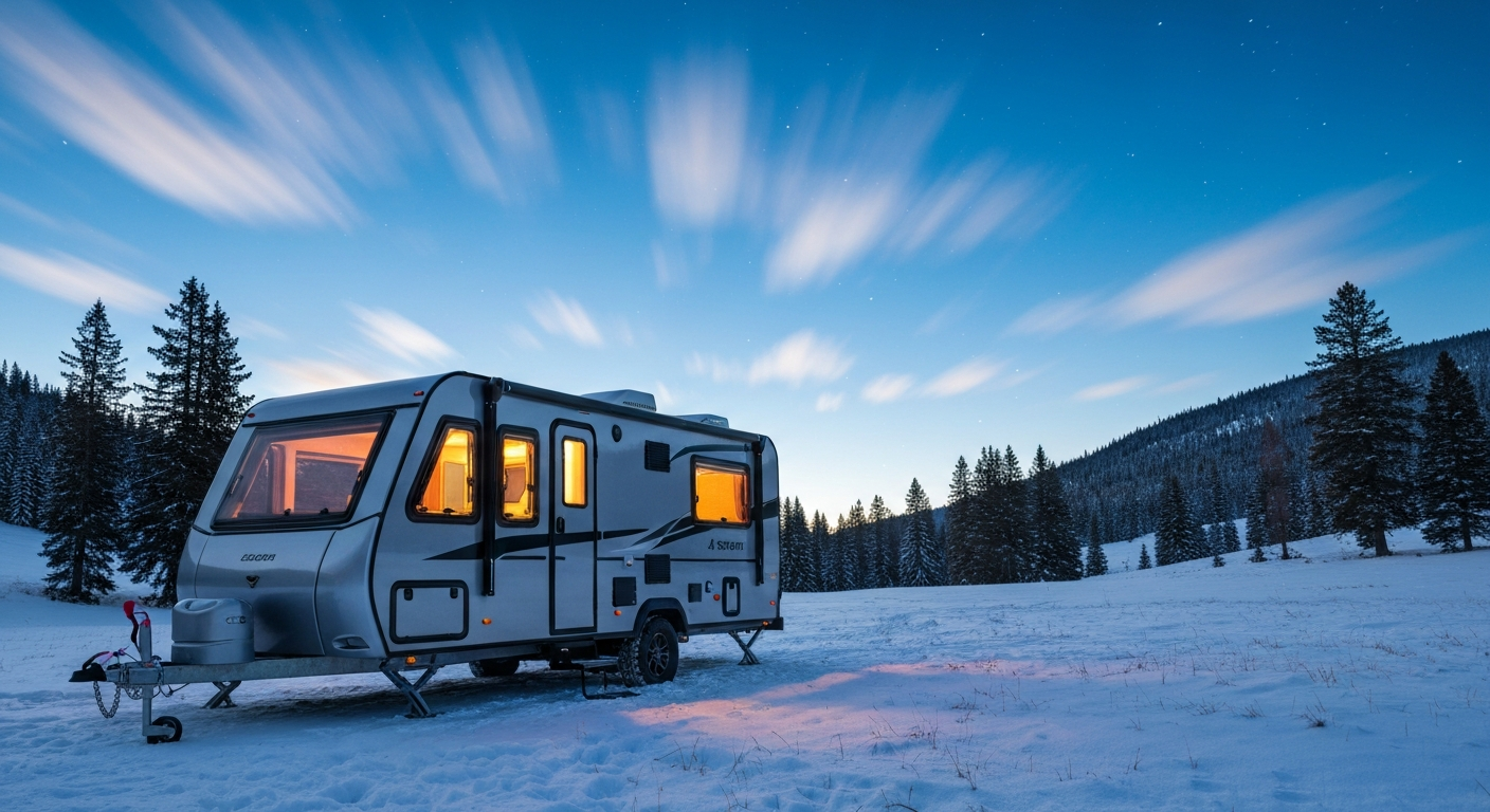 A modern 4 season travel trailer in a snowy mountain setting, emphasizing year-round adventure. A modern 4 season travel trailer in a snowy mountain setting, emphasizing year-round adventure.