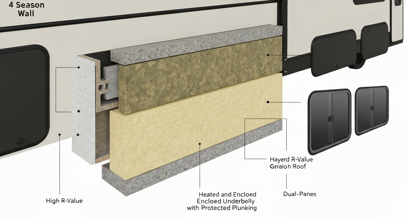An infographic showing the internal structure of a 4 season travel trailer, highlighting insulation, heated underbelly, and dual-pane windows. An infographic showing the internal structure of a 4 season travel trailer, highlighting insulation, heated underbelly, and dual-pane windows.