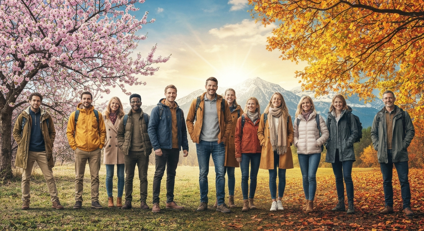 Travelers prepared for all four seasons in a composite landscape showing spring, summer, autumn, and winter elements.