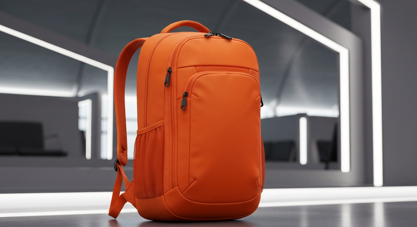 A vibrant red 40 liter travel backpack standing in a modern airport lounge, ready for departure.