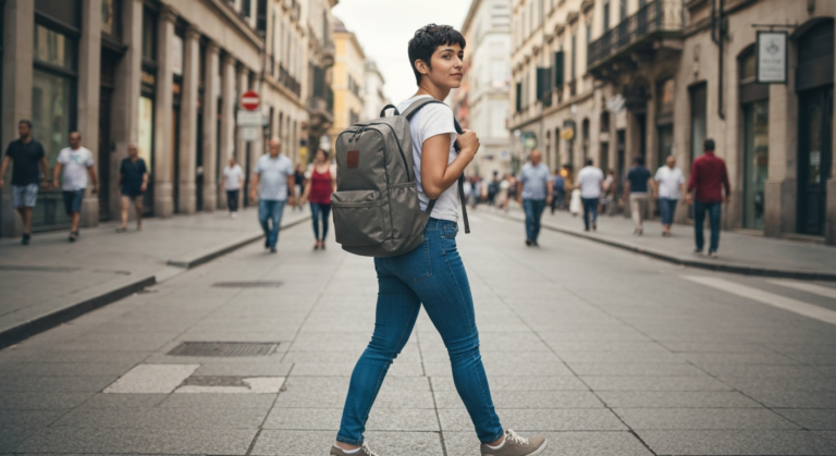 A traveler wearing a sleek 40 liter travel backpack while walking through a historic European city street.