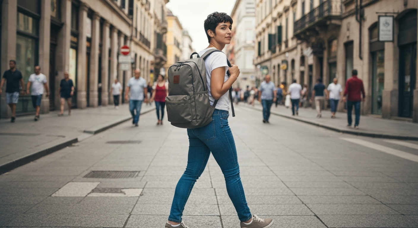 A traveler wearing a sleek 40 liter travel backpack while walking through a historic European city street.