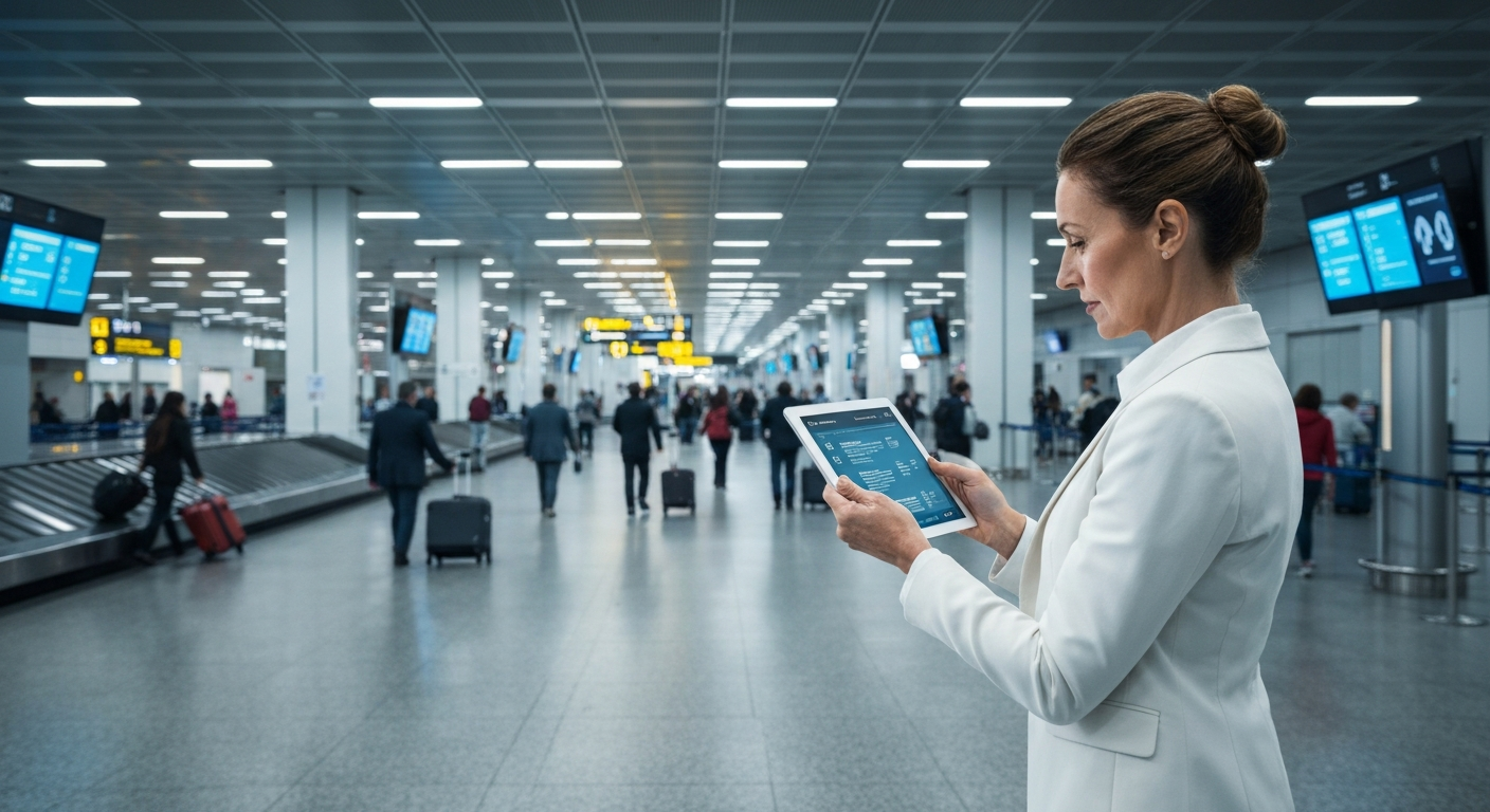 Traveler viewing personalized itinerary on a transparent tablet at a modern transport hub, demonstrating 417 travel planning. Traveler viewing personalized itinerary on a transparent tablet at a modern transport hub, demonstrating 417 travel planning.