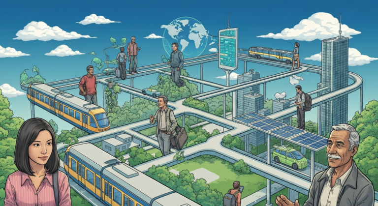 Illustration of sustainable global travel, smart cities, and eco-friendly transport, symbolizing the future of 417 travel.