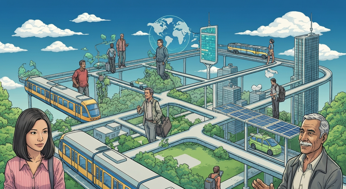 Illustration of sustainable global travel, smart cities, and eco-friendly transport, symbolizing the future of 417 travel. Illustration of sustainable global travel, smart cities, and eco-friendly transport, symbolizing the future of 417 travel.