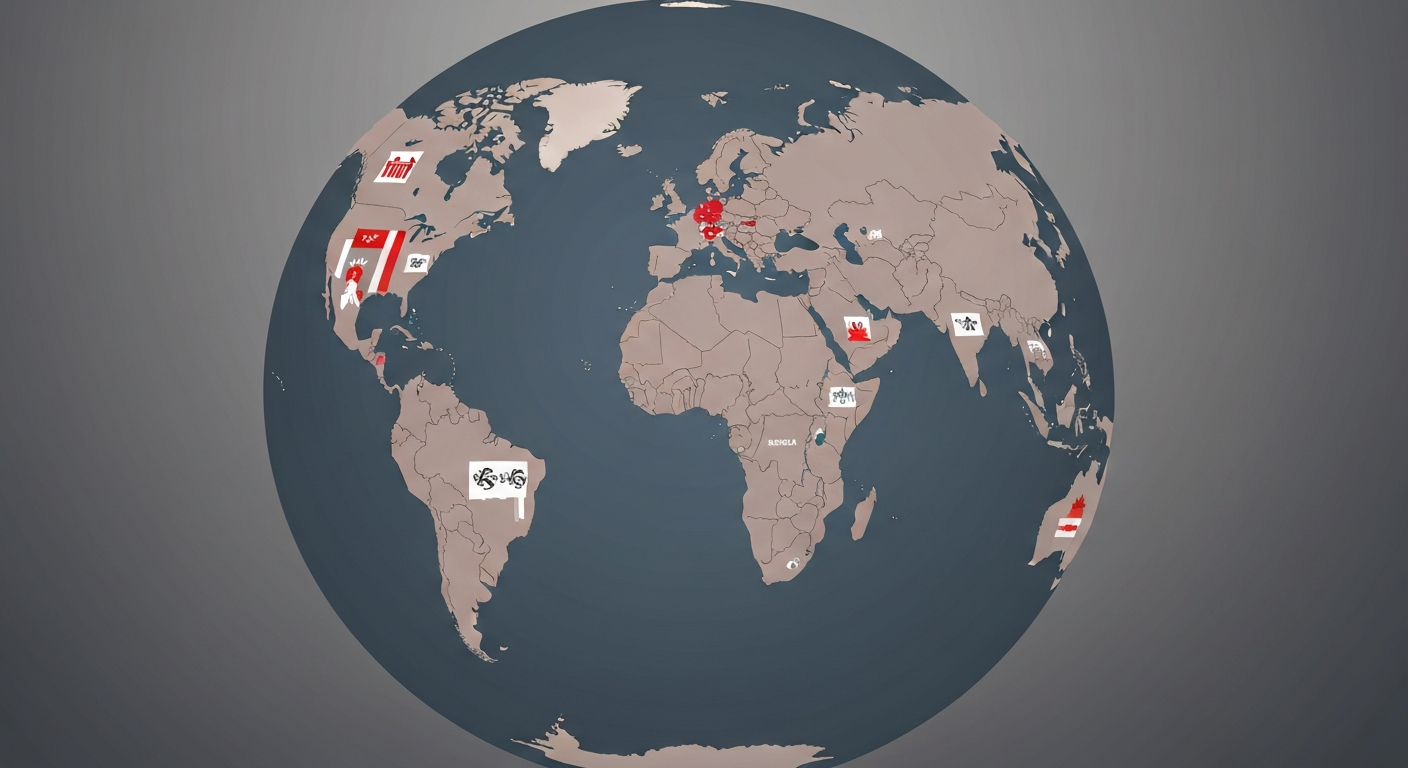 Conceptual globe highlighting 43 countries with complex travel restrictions and interconnected routes, symbolizing global travel challenges in 2026. Conceptual globe highlighting 43 countries with complex travel restrictions and interconnected routes, symbolizing global travel challenges in 2026.