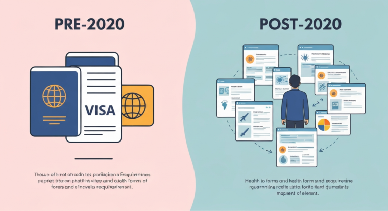 Infographic comparing pre-2020 simple travel with the complex, multi-layered requirements of 2026 international travel, including health checks and digital passes.