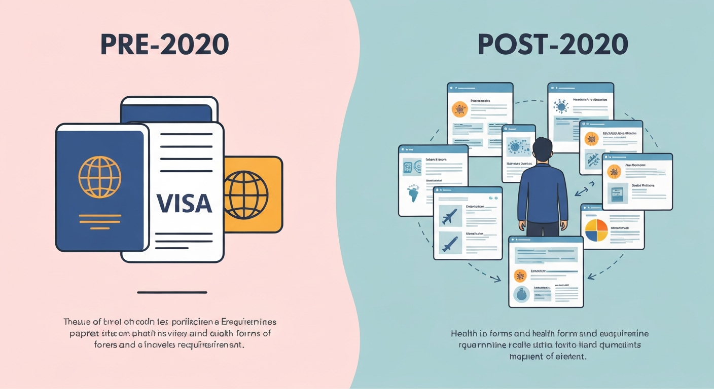 Infographic comparing pre-2020 simple travel with the complex, multi-layered requirements of 2026 international travel, including health checks and digital passes. Infographic comparing pre-2020 simple travel with the complex, multi-layered requirements of 2026 international travel, including health checks and digital passes.